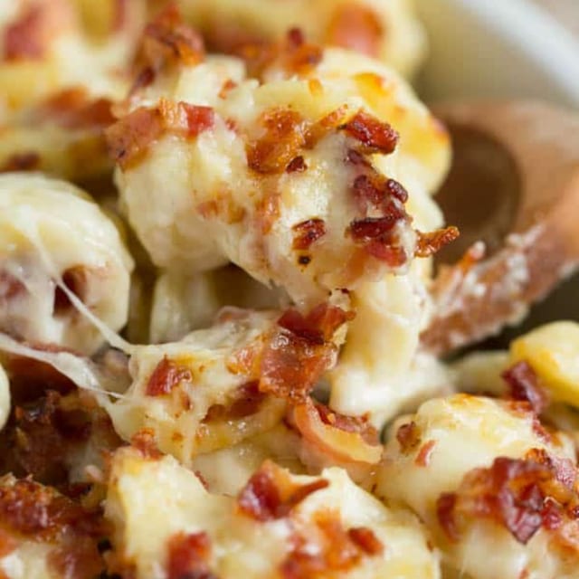 Baked White Cheddar Bacon Mac & Cheese.